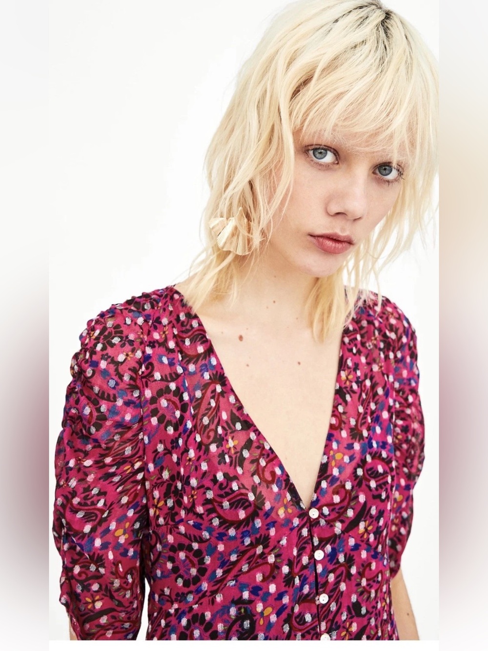 Zara Fuchsia Printed midi Dress with Button Front